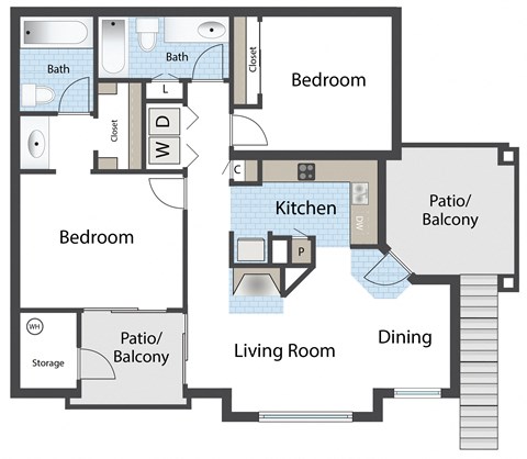 Floor plan for 2 beds, 2 baths, 911 sqft
